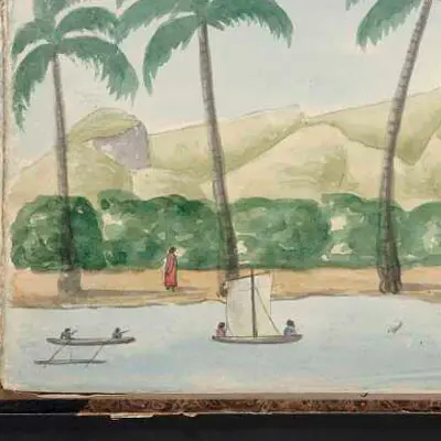 Coconut trees on a beach and boats in the ocean. 