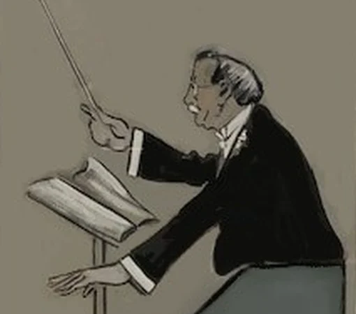 A caricature of a conductor with book of music before him and wearing a black formal waistcoat. 