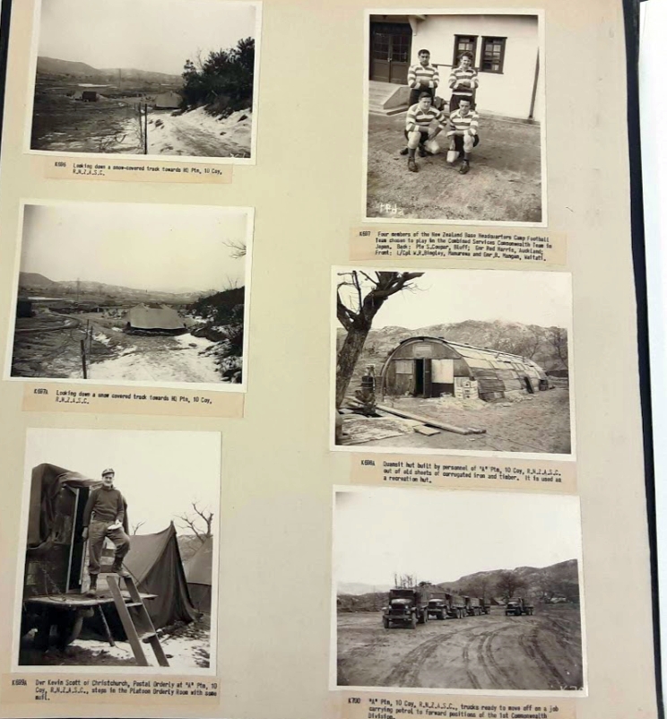 A page of six photographic prints showing various scenes from the Korean War.