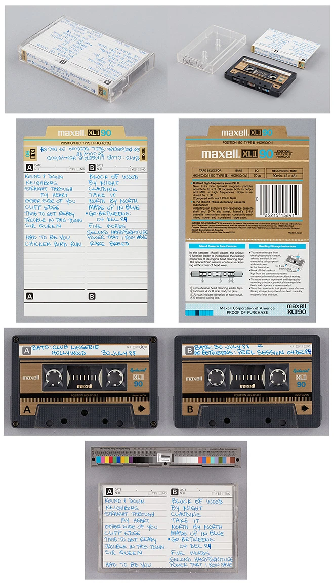 Composite of images of cassette of live recording by The Bats at Club Lingerie, Hollywood, 30 July 1988 (ref. FLYC-014).