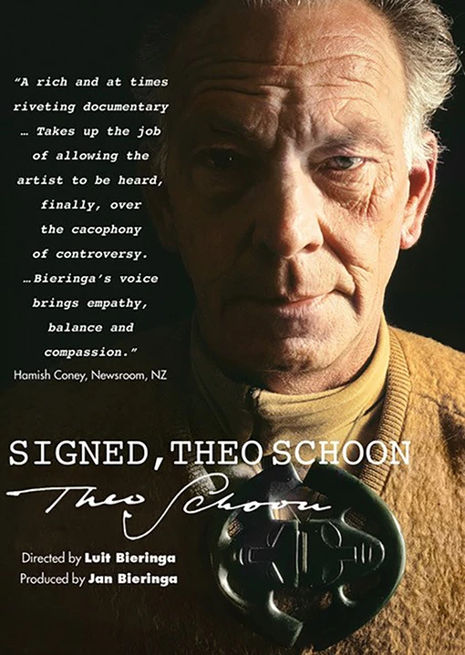Photo of a man with half his face in shadow, and text on a black background including the words 'Signed, Theo Schoon'.