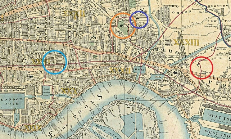 A map showing a central part of London with various coloured circles indicating the different locations of interest.