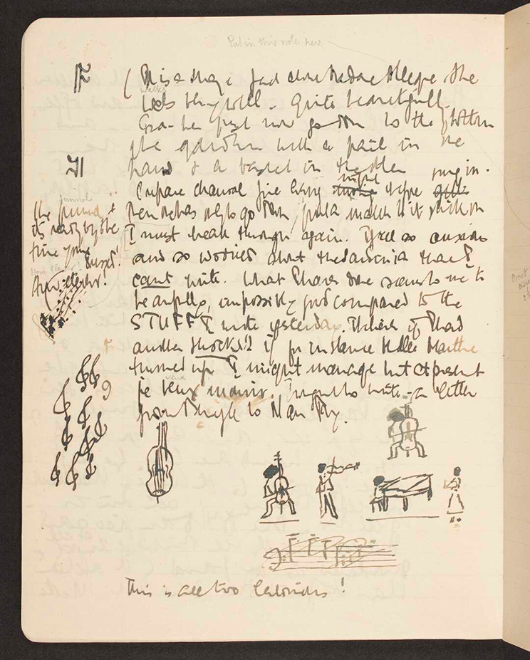 Page from a notebook with handwriting and doodles of people playing a cello, violin, and piano. 