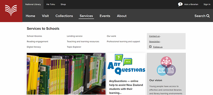 Screenshot of Services to Schools landing page. 