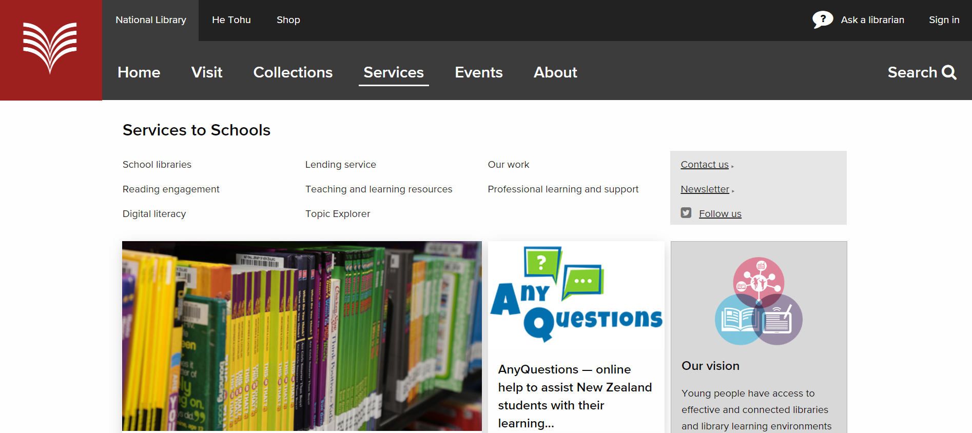 Screenshot of Services to Schools landing page.