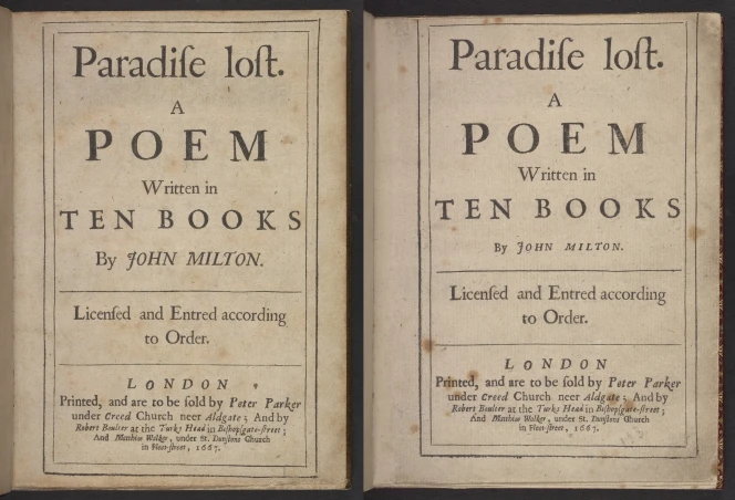 British Library - John Milton's epic poem Paradise Lost was first published  in 1667. Originally written as 10 books, Milton reworked it as 12,  following the model of Virgil's Aeneid. In the