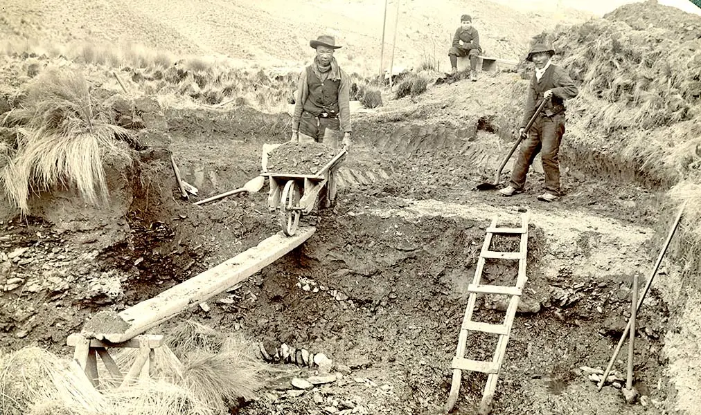 Black and white photograph of Chinese gold miners working at a goldmine in Aotearoa NZ. A man holds a wheelbarrow on a plank.