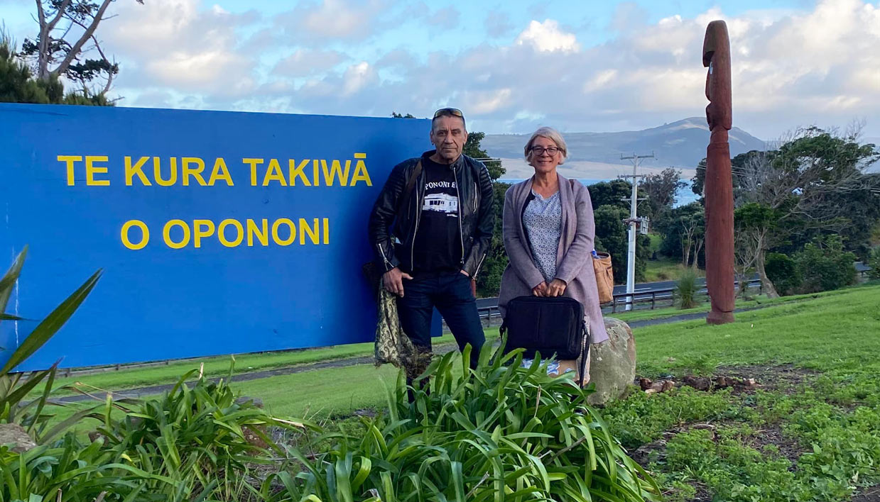 Ben and Elena outside Te Kura Takiwā o Opononi.