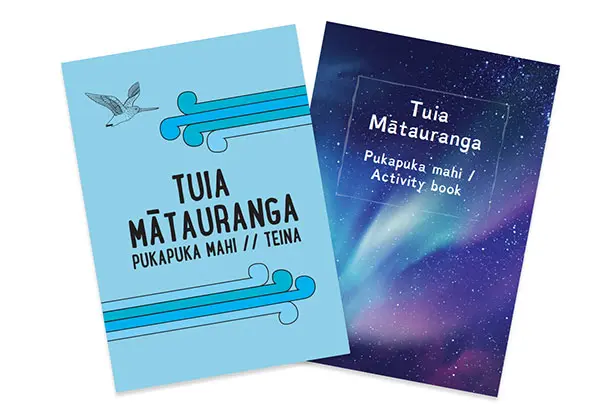 Colour graphic showing the junior and senior Tuia Mātauranga activity book front covers.