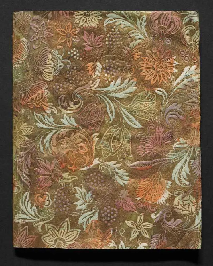 Colourful gilt endpaper, showing flowers, bunches of grapes, and leaves.