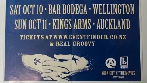 Excerpt from a gig poster showing two venues and dates plus info on where to buy tickets and logos from sponsors in the bottom right corner. 