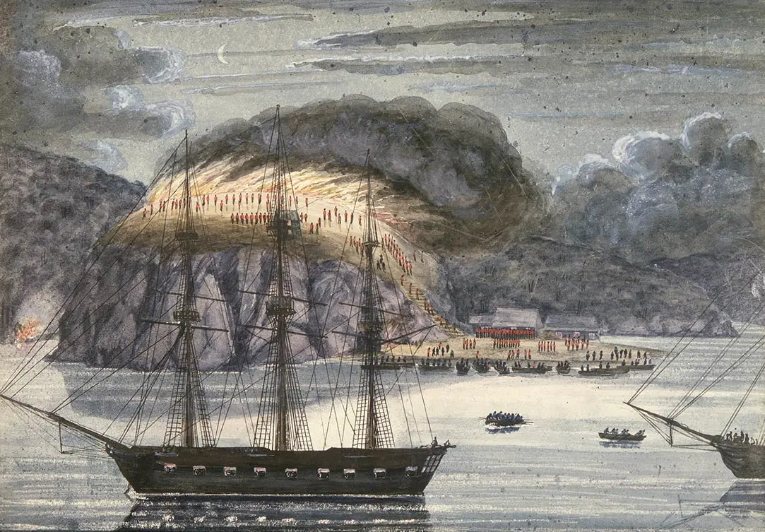 Painting of HMS North Star sailing by Otuihu — showing the pā on fire. There are soldiers along the hill silhouetted against flames and black smoke.
