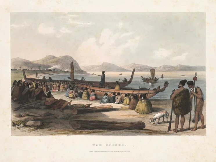 A Māori chief standing in a beached canoe, addressing a crowd of warriors, mostly seated, with a few standing.