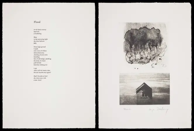Typesetting and illustration for Hone Tuwhare's Flood. Illustration shows an inky cloud and a small windowed shed.