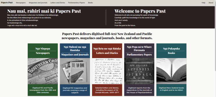 Screenshot of Papers Past masthead on website homepage.