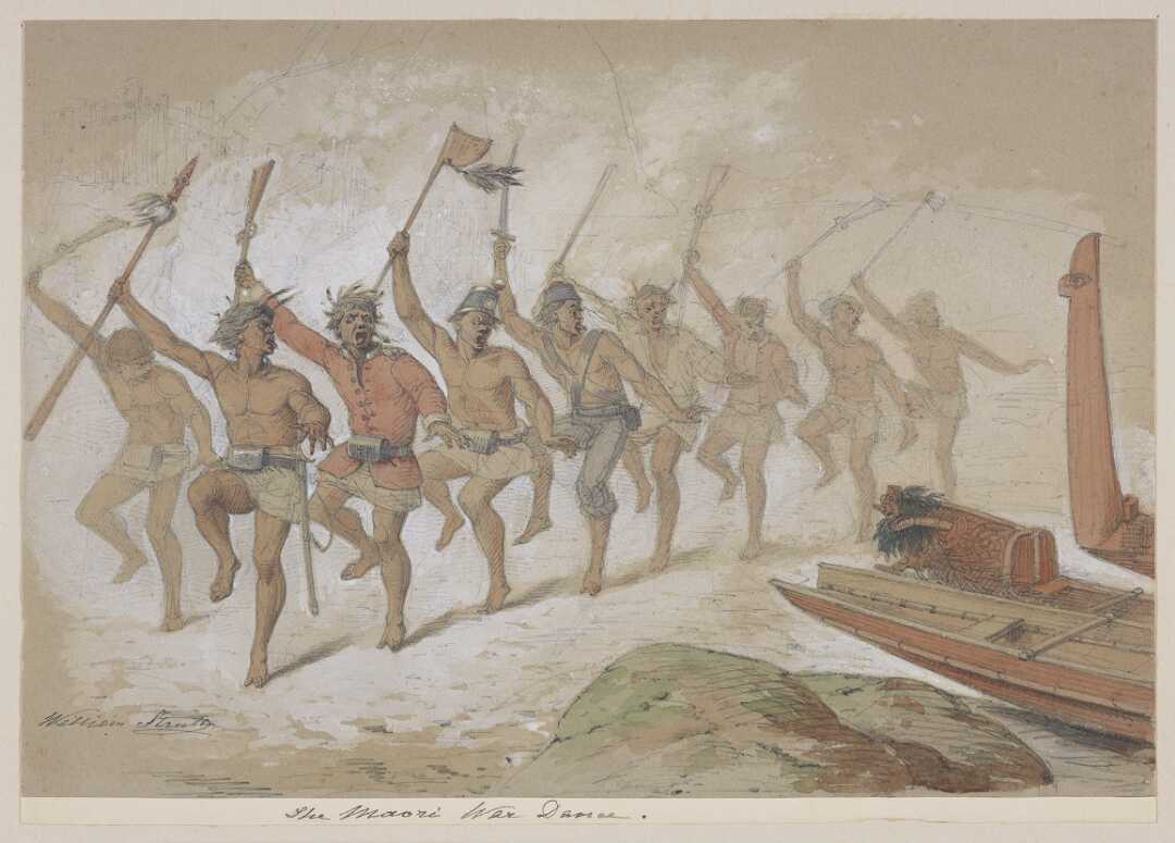 Watercolour of nine Maori men engaged in a haka with a mixture of Māori and European weapons and clothing.