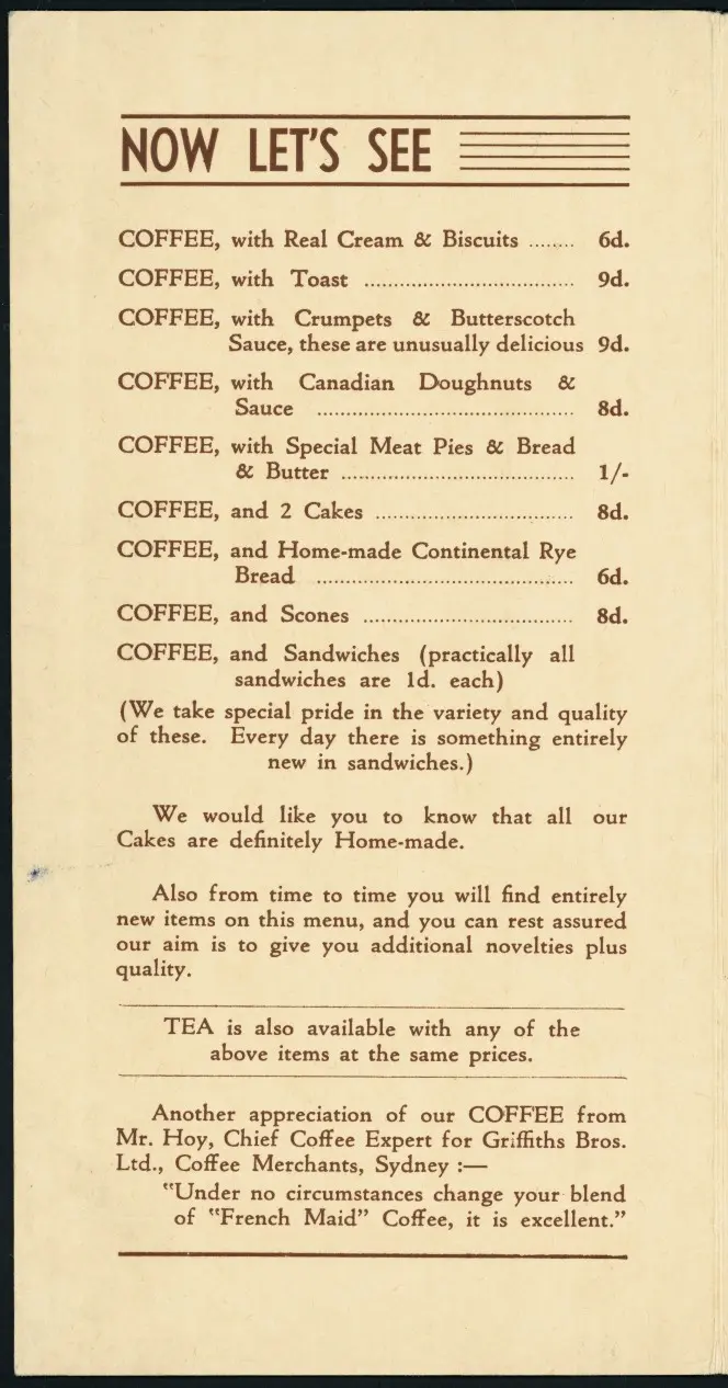 French Maid Coffee House menu, listing many things one can order with coffee.