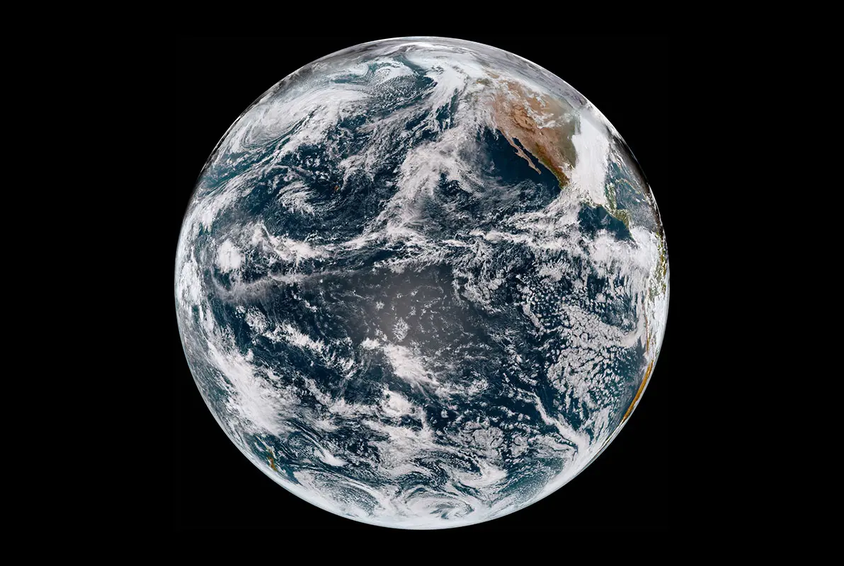 Colour satellite image of Earth showing the Pacific Ocean.