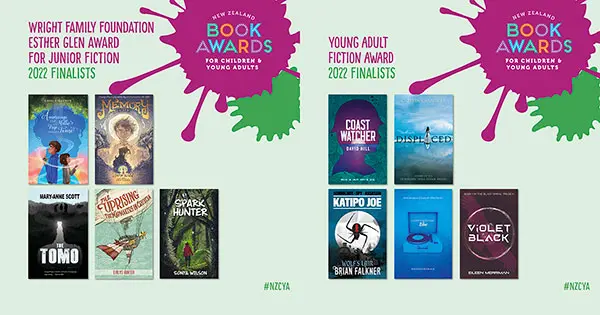 Posters of the NZCYA finalists for junior and young adult fiction in 2022.