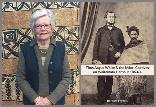 A photo of a smiling woman with grey hair and the cover of the book 'Titus Angus White & the Māori Captives on Waitematā Harbour 1863/4'.