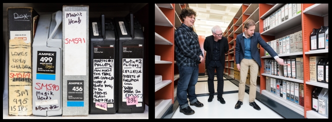 L: Examples of the 2” master tapes that will be digitised. R: Flying Nun co-directors Ben Howe and Roger Shepherd, with Michael Brown, Music Curator. Photo: Mark Beatty, ATL Imaging Services
