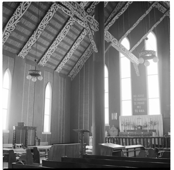Images of the interior of the Rangiatea Church, also includes images of a local family, Otaki. Ref: AWM-0350-F