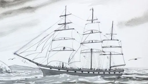 A watercolour of a three-masted ship at sail with land in the distance.