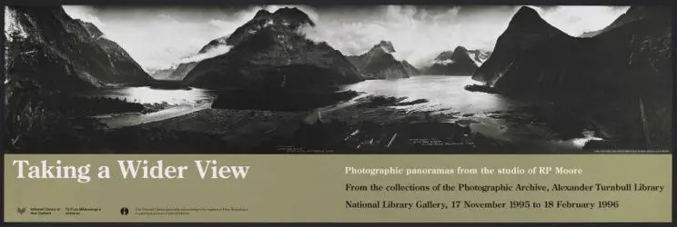 A flyer for a photography exhibition featuring a panoramic black and white photo of Mitre peak area of Milford Sound, along with the title and contextual information at the bottom. 