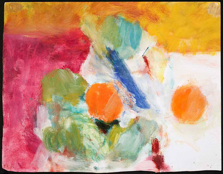 Abstract painting with colours orange, pink, blue, teal and white.