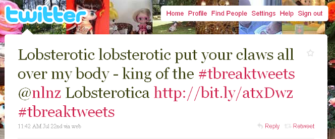 Tweet celebrating lobsterotica, reading 'Lobsterotic lobsterotic put your claws all over my body'.