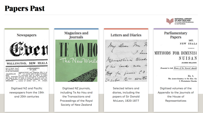 Homepage of Papers Past, showing the various format types.