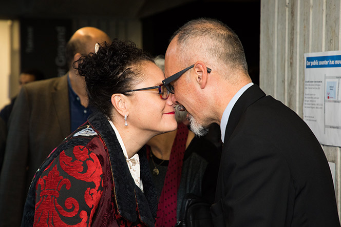 Photo of Louisa Wall and Paul Diamond as the hongi.