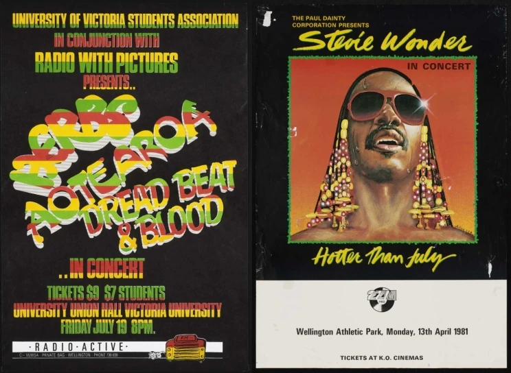 Two side by side posters with black backgrounds, one with lettering in Rastafarian colours and the other a portrait of a man with sunglasses and golden dreadlocks.