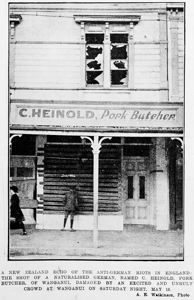 This picture from the Auckland Weekly News shows Conrad Heinold’s shop in Whanganui after the riots on 15 May 1915.