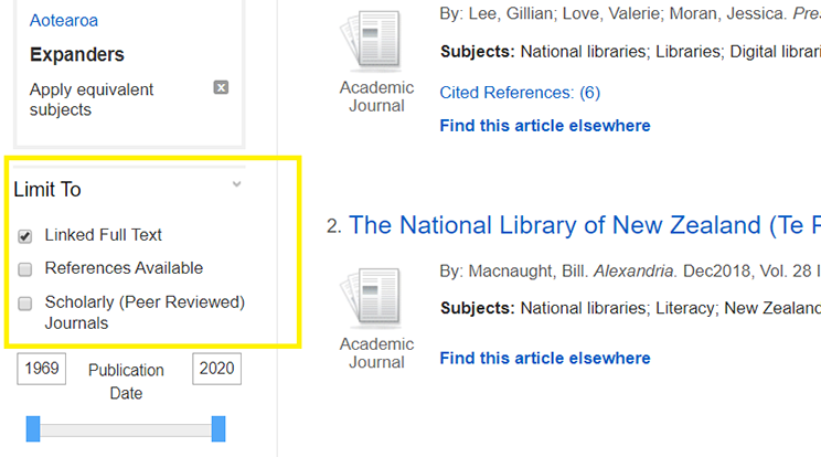 Screenshot of filter to ‘linked full text’ on a database. 