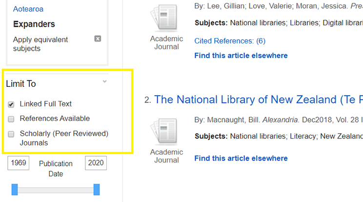 Screenshot of filter to ‘linked full text’ on a database.