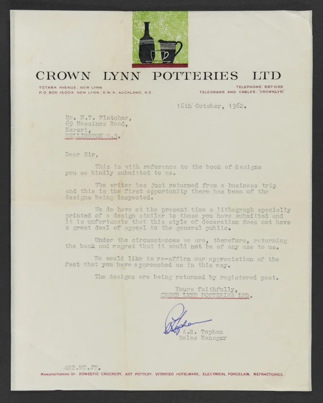 Letter from Topham to Nolan Fletcher RE: sketchbook of proposed designs. Alexander Turnbull Library MS-Papers-11979.