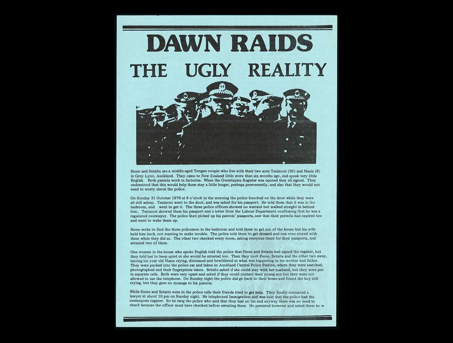 Colour 1976 information sheet titled 'Dawn raids: The ugly reality' with an image of Aotearoa NZ Police printed on blue paper.