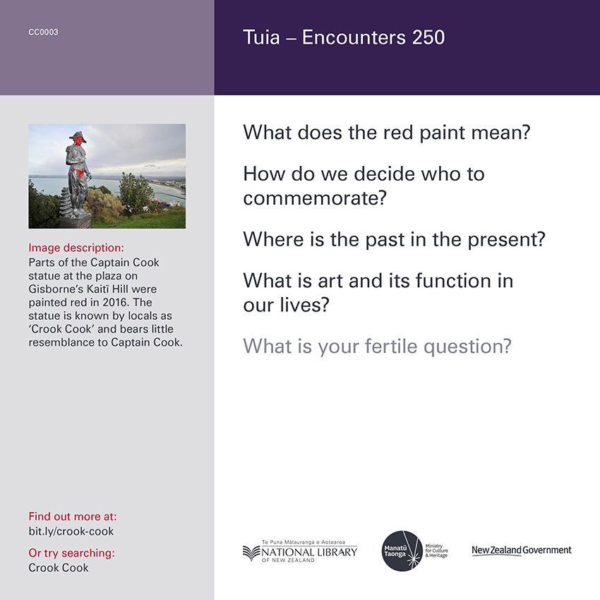 Front of curiosity card CC0003 with an image of the 'Crook Cook' statue painted in places with red paint