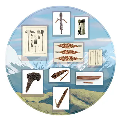 Colour collage showing photographs and illustrations of Māori tools and other items contained inside a circle.