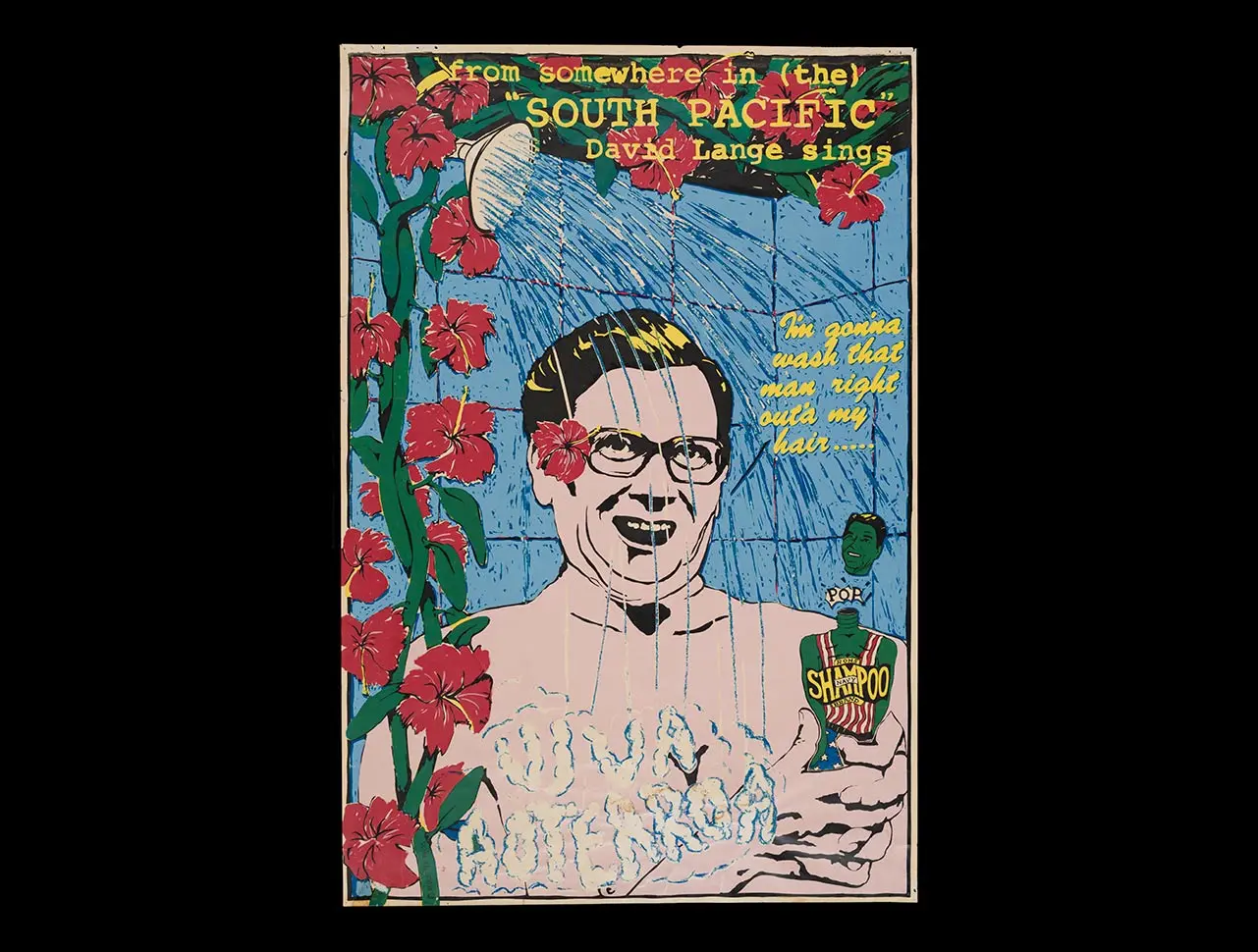 Satirical anti-nuclear poster. It shows former Aotearoa NZ prime minister David Lange in the shower — singing the words 'I'm gonna wash that man right outa my hair' while holding a shampoo bottle with Ronald Reagan's head as a cap.