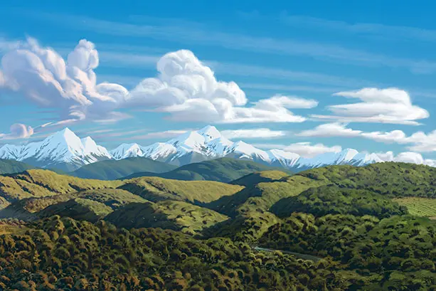 Colour artwork showing mountains, forests and clouds on a blue sky.