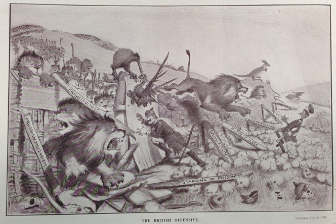 Cartoon showing British lions New Zealand kiwis and Australian kangaroos attacking German soldiers.