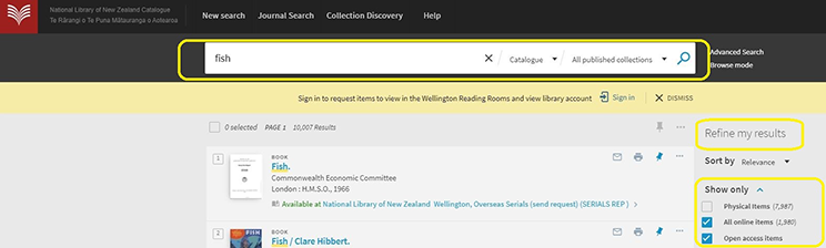 Screenshot of National Library catalogue search.