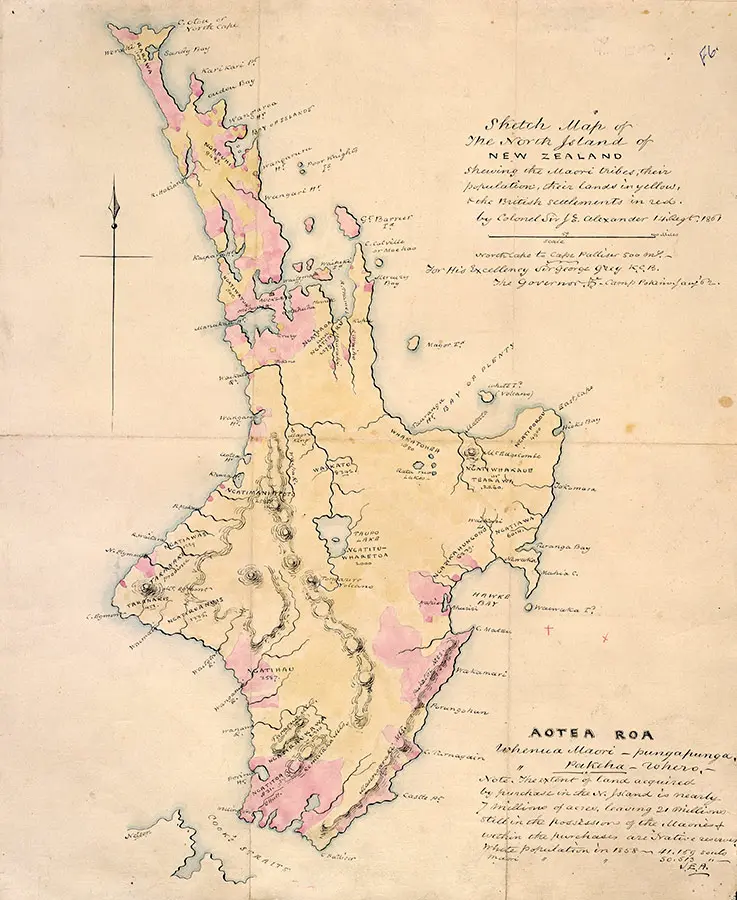 Colour illustrated map of the North Island of Aotearoa New Zealand in 1861. The yellow areas show Māori land and red areas show British settlements.