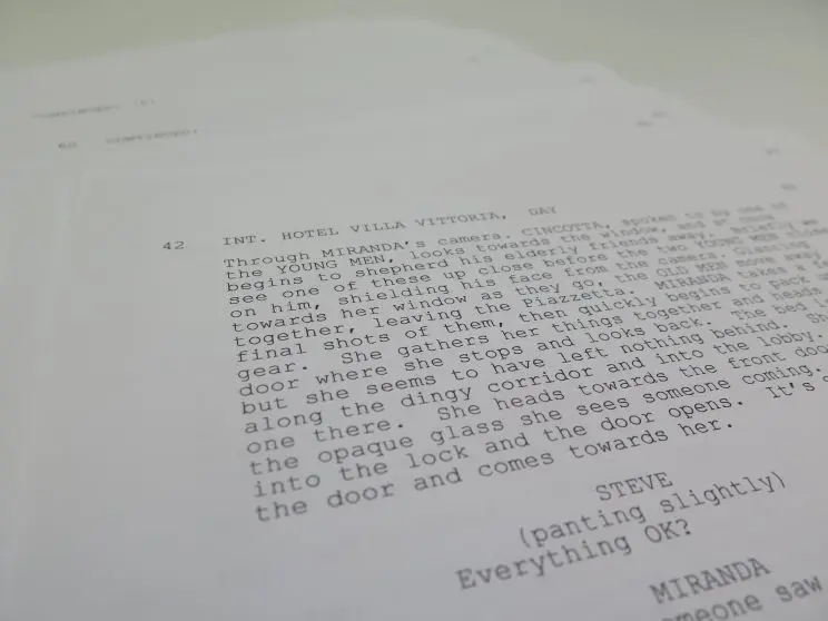 A typescript page showing dialogue for a film. 