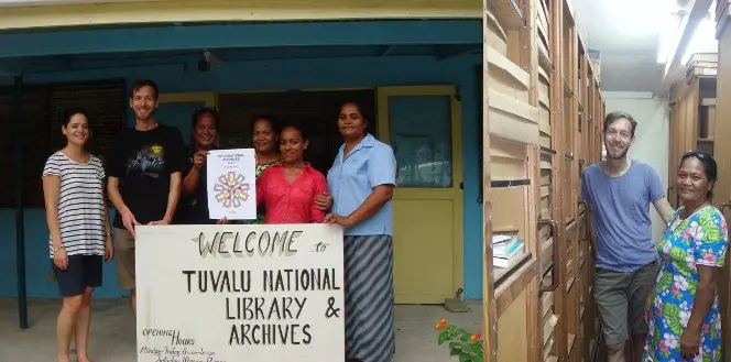 Photos of Mark and Talei with Tuvalu National Library and Archives staff, outside and in the stacks.