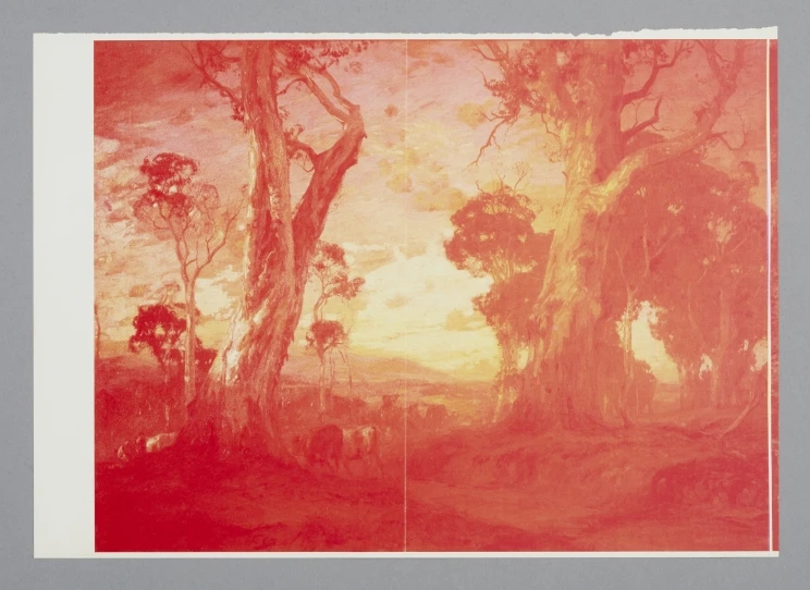 An image of a forest scene in red and yellow tones.