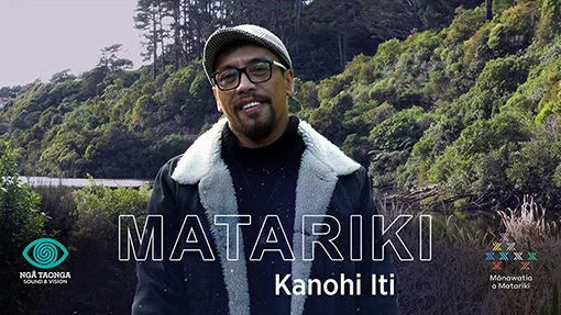 The text 'Matariki Kanohi Iti' and two logos overlaying an image of a man wearing a cheesecutter hat and jacket with native bush in the background. 