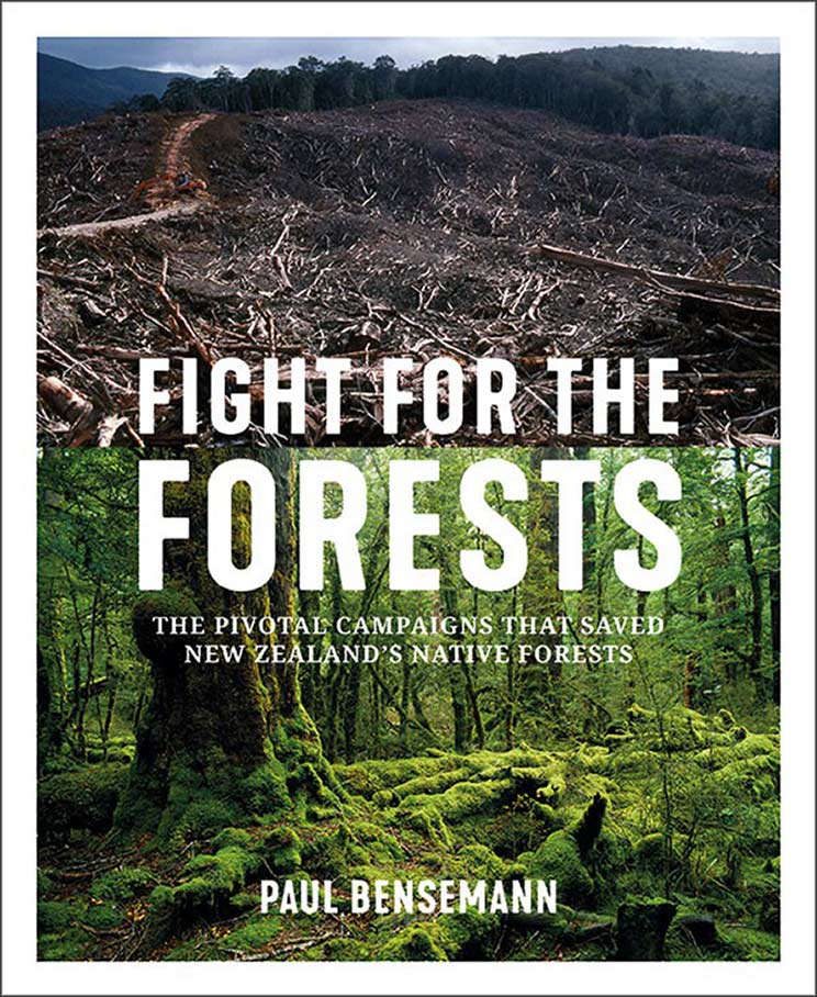 Book cover with words an image of lush forest and decimated forest.